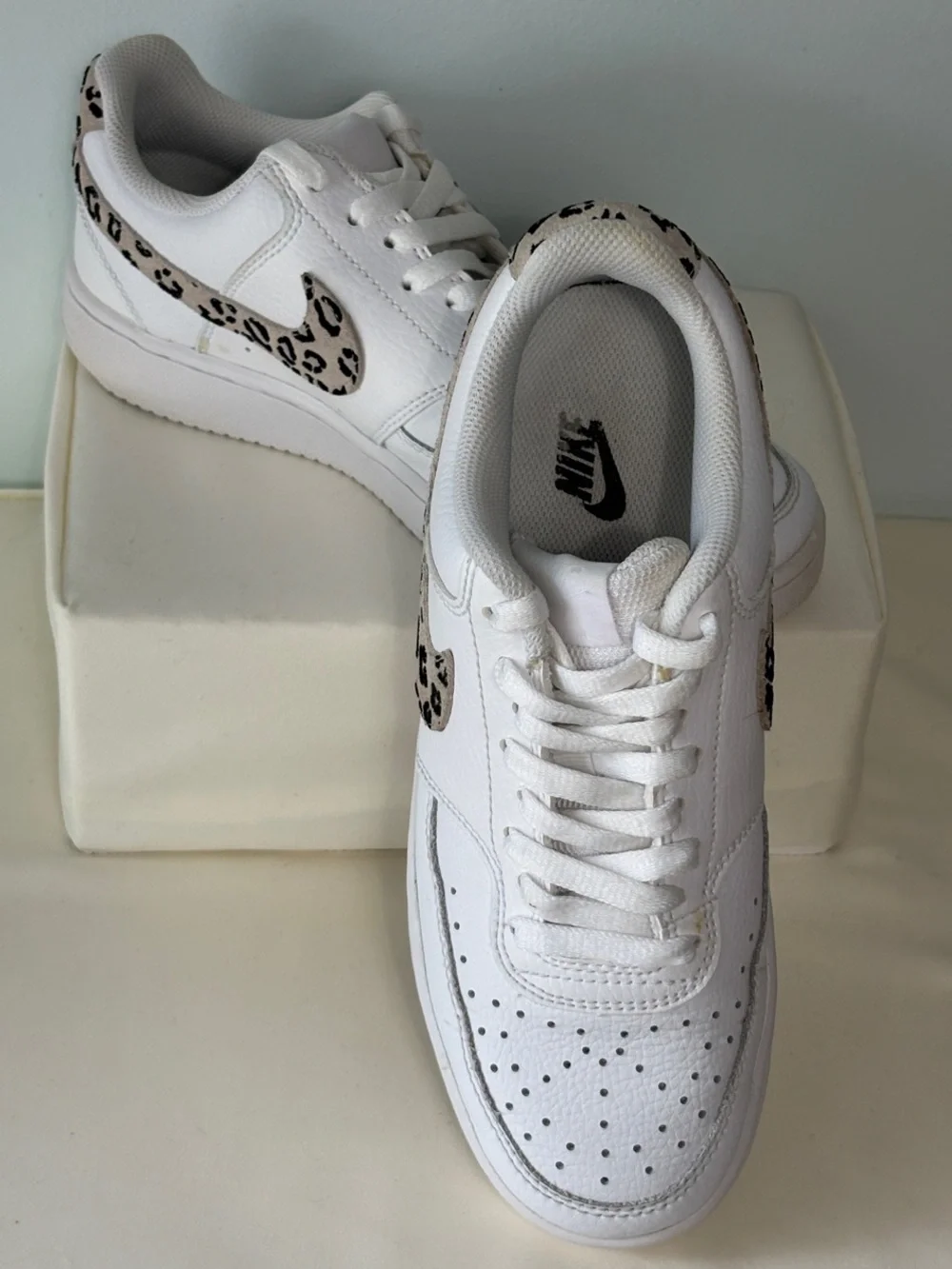Nike Women's Court Vision Low White Sneakers with Leopard Swoosh